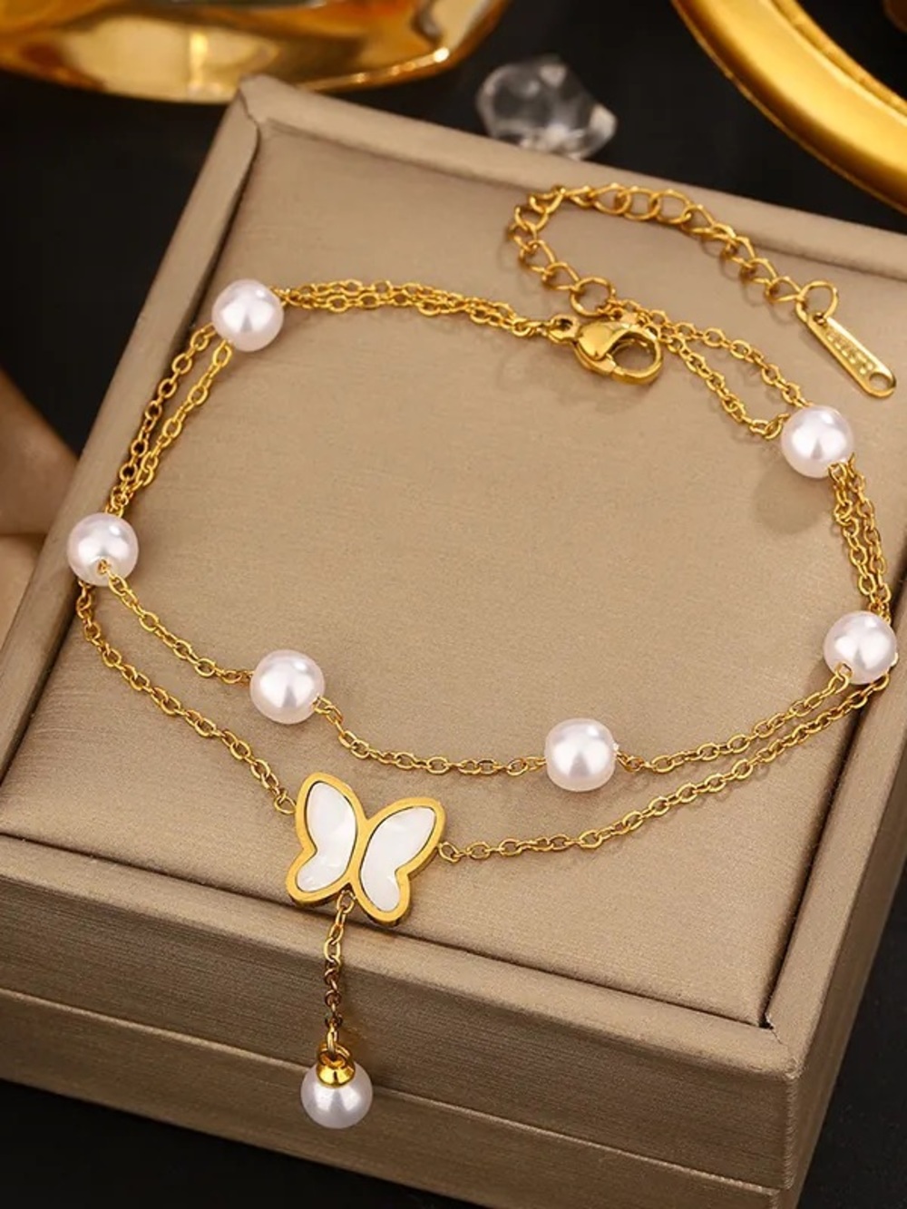 Gold Pearl Butterfly Layered Bracelet - Elegant Women Jewelry